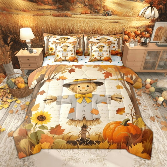 Manfei Cartoon Scarecrow Twin Bedding Sets 7pcs for Boys Girls, Thanksgiving Day Pumpkin Bedding Comforter Set, Autumn Sunflower Leaf Sheet Sets, Lightweight Room Decor