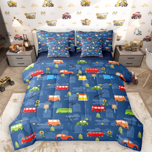 Manfei 7-Piece Cartoon School Bus King Bedding Set, Kids Truck Rustic Sunflower