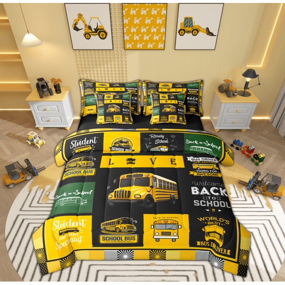 Manfei Cartoon School Bus Bedding Comforter Set 7-Piece, Transportation Vehicle King Bedding Sets, Yellow Public Truck Reversible Bed Sheets, Ultra Soft Home Decor