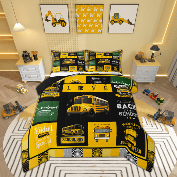Manfei Cartoon School Bus Bedding Comforter Set, Transportation Vehicle Twin Comforter Sets, Yellow Public Truck Reversible Bedding Set, Ultra Soft Home Decor, 2pcs