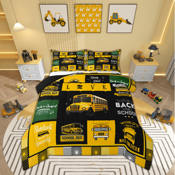 Manfei Cartoon School Bus Full Size Comforter Sets, Transportation Vehicle Bedding Comforter Set, Yellow Public Truck Reversible Bedding Sets, Ultra Soft Home Decor, 3pcs