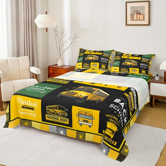 Manfei Cartoon School Bus Twin Sheet Sets, Transportation Vehicle Twin Fitted Sheet, Yellow Public Truck Flat Sheet, Ultra Soft Home Decor, 3pcs