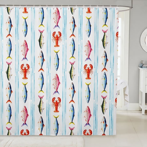 Manfei Cartoon Sea Animal Shower Curtain 72Wx72L, Watercolor Fish Bathroom Curtain, Light Blue White