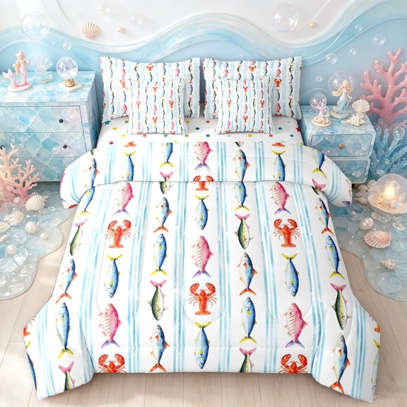 Manfei Cartoon Sea Animal Twin Bedding, Watercolor Fish Bedding Comforter Set, Light Blue White, Polkadot Reversible, 7pcs