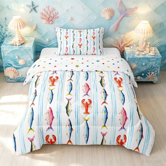 Manfei Cartoon Sea Animal Twin Comforter Sets, Watercolor Fish Bedding Set, Light Blue White, Polkadot Reversible, 2pcs, 1 Comforter and 1 Pillowcase