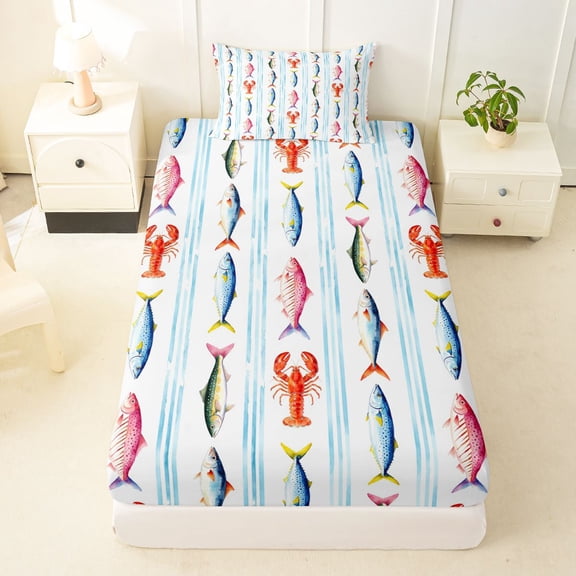 Manfei Cartoon Sea Animal Twin Fitted Sheet, Watercolor Fish Bedding, Light Blue White, 2pcs, 1 Fitted Sheet and 1 Pillowcase