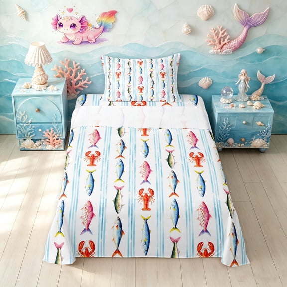 Manfei Cartoon Sea Animal Twin Sheets, Watercolor Fish Bedding, Light Blue White, 3pcs, 1 Flat Sheet, 1 Fitted Sheet and 1 Pillowcase