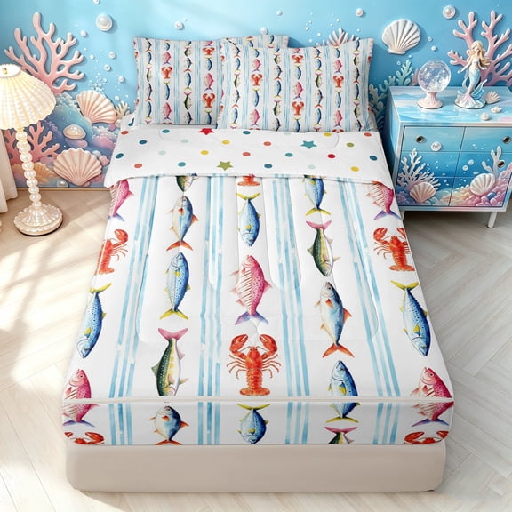 Manfei Cartoon Sea Animal Zipper Twin Comforter Sets with Fitted Sheet and 2 Pillowcases, Watercolor Fish Zipper Bedding Set, Light Blue White, Polkadot Reversible, 4pcs