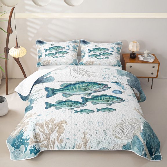 Manfei Cartoon Sea Fish Quilt Full,Marine Life Full Bedspread Sets,Green White,3-Piece