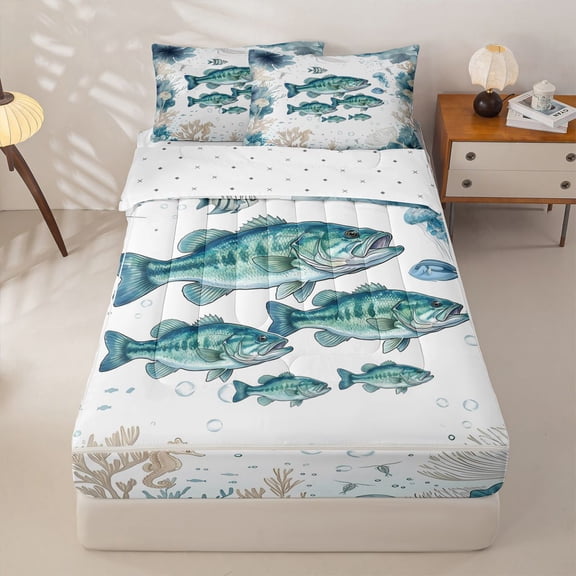 Manfei Cartoon Sea Fish Zipper Twin Comforter Sets with Fitted Sheet and 2 Pillowcases,Marine Life Zipper Bedding Set,Green White,Reversible,4pcs