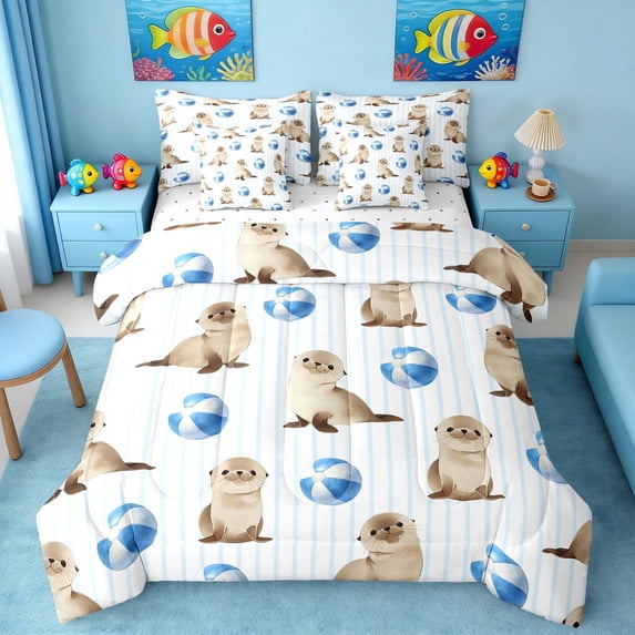 Manfei Cartoon Sea Lion Bedding Comforter Set for Kids Boys and Girls, Blue White Beach Ball Stripe Queen Bedding Sets, Reversible 7 Pieces