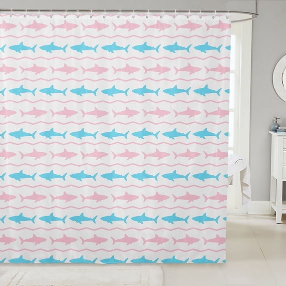 Manfei Cartoon Sea Shark Shower Curtain 72Wx78L, Simple Wave Bath Curtain, Sky Blue Pink