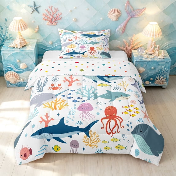 Manfei Cartoon Sea Shark Twin Comforter Sets, Undersea Animal Bedding Set, White Blue, Polkadot Reversible, 2-Piece, 1 Comforter and 1 Pillowcase