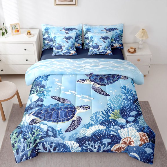 Manfei Cartoon Sea Turtle 7-Piece Twin Bedding,Cute Ocean Animal Bedding Comforter Set,Blue,Nary Blue Reversible