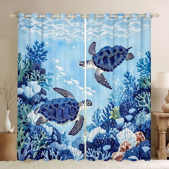 Manfei Cartoon Sea Turtle Blackout Curtains,Cute Ocean Animal Curtains Pack of 2 (42x84 Each),Blue