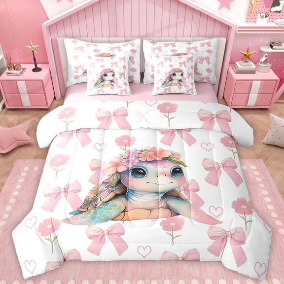 Manfei Cartoon Sea Turtle Twin Bedding Sets 7-Piece for Teens, Cute Flower Floral Bedding Comforter Set, Pink Bowknot Ribbon Reversible Sheet Sets, Luxury Bedroom Decor