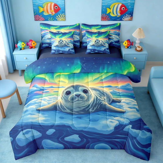 Manfei Cartoon Seal Bedding Comforter Set for Kids Boys and Girls, Arctic Aurora Full Bedding Set, Navy Reversible 7pcs