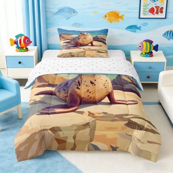 Manfei Cartoon Seal Twin Comforter Sets for Kids Boys and Girls, Cute Marine Animal Print Bedding Set, Reversible 2 Pieces, 1 Comforter and 1 Pillowcase