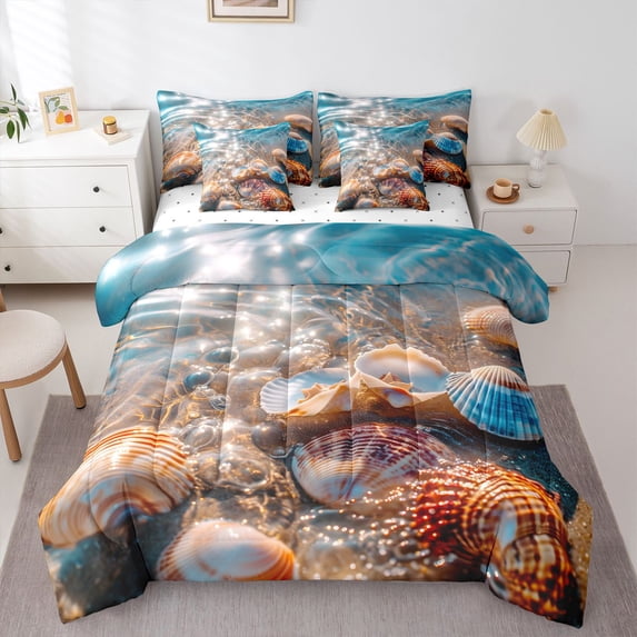 Manfei Cartoon Seashell 7 Pieces Full Size Bedding Sets,Calm Sea Water Full Size Bed in a Bag,Brown,Reversible
