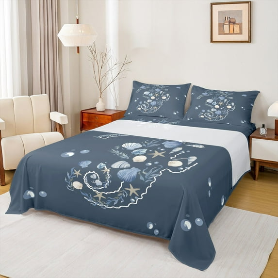 Manfei Cartoon Seashell Bed Sheets Set Queen Size, Cute Seahorse Bed Sheets Queen, Kawaii Sealife Bedding Queen Size, Lightweight Bedroom Decor, 4 Pieces