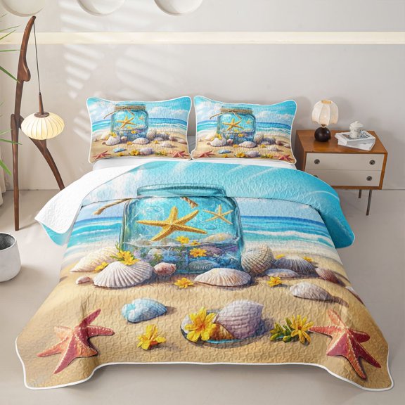 Manfei Cartoon Seashell Bed Spread Queen,Lovely Starfish Queen Coverlet Set,Yellow Blue,3pcs