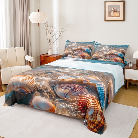 Manfei Cartoon Seashell Queen Sheets,Calm Sea Water Queen Sheet Sets,Brown,4-Piece,1 Flat Sheet, 1 Fitted Sheet and 2 Pillowcases