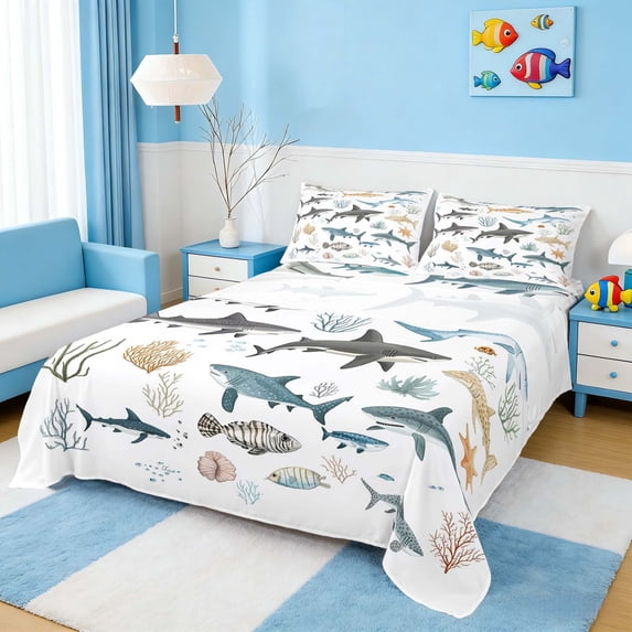 Manfei Cartoon Shark Fish Full Size Sheets for Boys, Ocean Animal Print Bed Sheets 4pcs, 1 Flat Sheet, 1 Fitted Sheet and 2 Pillowcases