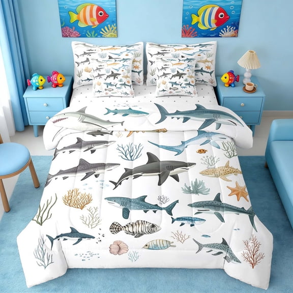 Manfei Cartoon Shark Fish Twin Bedding Sets for Boys, Ocean Animal Print Bedding Comforter Set, Reversible 7pcs