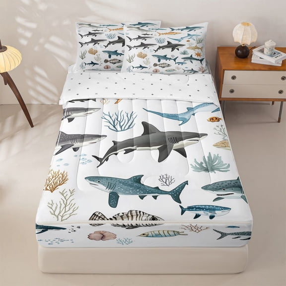 Manfei Cartoon Shark Fish Zipper Twin Comforter Sets with Fitted Sheet and 2 Pillowcases for Boys, Ocean Animal Print Zipper Bedding Set, Reversible, 4 Pieces