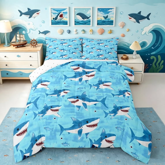 Manfei Cartoon Shark Full Size Comforter Sets, Kawaii Marine Animal Bedding Comforter Set, Light Cyan, Reversible, 3-Piece, 1 Comforter and 2 Pillowcases