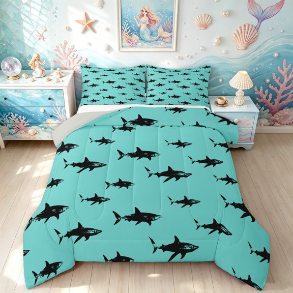 Manfei Cartoon Shark Full Size Comforter Sets, Sea Animal Bedding Comforter Set, Cyan Black, Gray Reversible, 3 Pieces, 1 Comforter and 2 Pillowcases