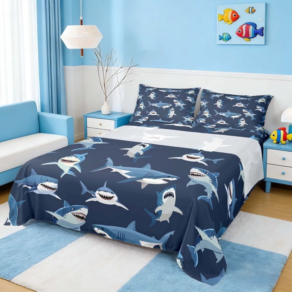 Manfei Cartoon Shark Full Size Sheets for Kids Boys and Girls, Funny Fish Bed Sheets 4 Pieces, 1 Flat Sheet, 1 Fitted Sheet and 2 Pillowcases
