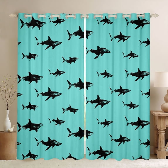 Manfei Cartoon Shark Kitchen Curtains, Sea Animal Black Out Curtains Pack of 2 (42x63 Each), Cyan Black