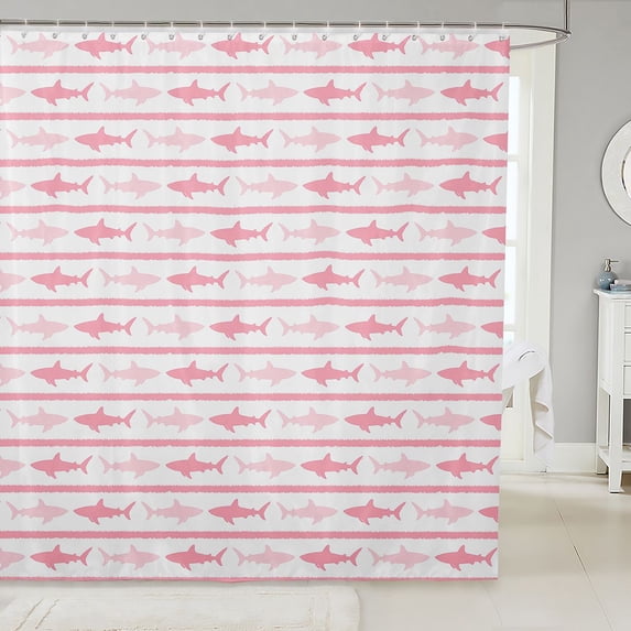 Manfei Cartoon Shark Shower Curtain 72Wx78L, Stripe Silhouette Bath Curtain, White Pink