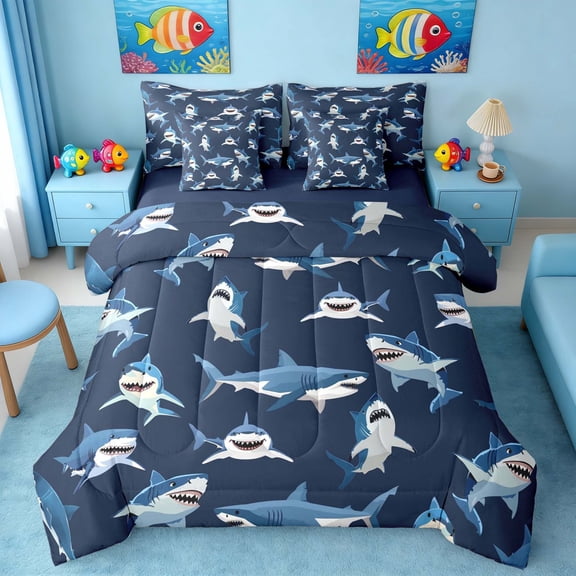 Manfei Cartoon Shark Twin Bedding Sets for Kids Boys and Girls, Funny Fish Bedding Comforter Set, Navy Reversible 7 Pieces