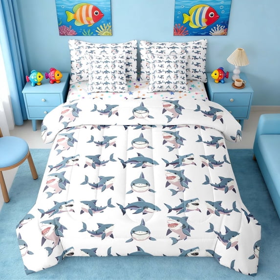 Manfei Cartoon Shark Twin Bedding Sets for Kids Boys and Girls, Ocean Animal Bedding Comforter Set, Stars Reversible 7 Pieces