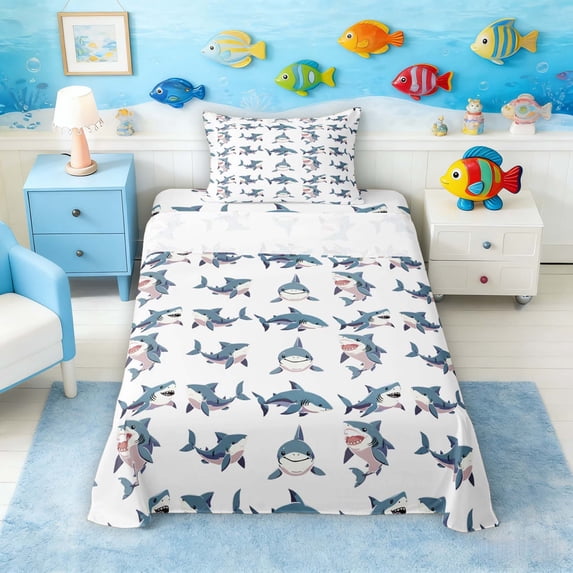 Manfei Cartoon Shark Twin Sheet Sets for Kids Boys and Girls, Ocean Animal Bedding 3 Pieces, 1 Flat Sheet, 1 Fitted Sheet and 1 Pillowcase
