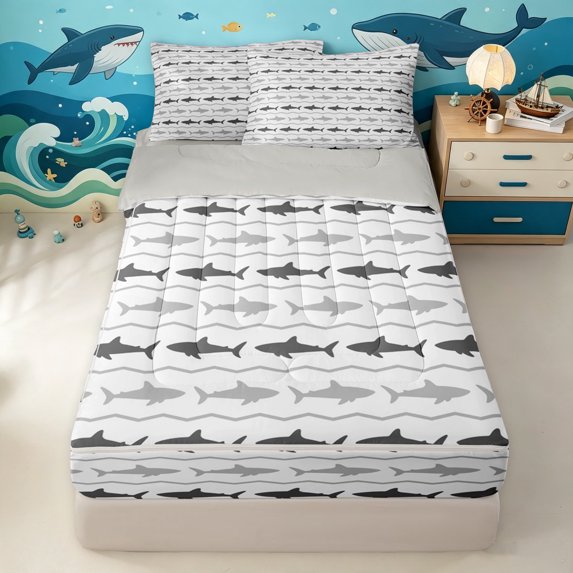 Manfei Cartoon Shark Zipper Full Size Comforter Sets with Fitted Sheet and 2 Pillowcases, Simple Abstract Wave Zipper Bedding Set, White Gray, Gray Reversible, 4-Piece