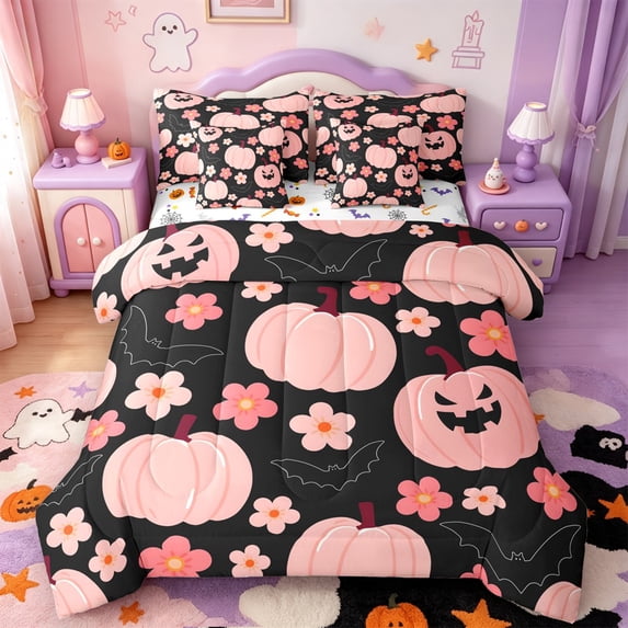Manfei Cartoon Skull 7pcs Queen Bedding,Pink Ghost Print Bedding Comforter Set Queen,Halloween Reversible