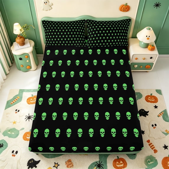 Manfei Cartoon Skull Halloween Fitted Sheet Full,Cute Turkey Print Bed Set,3pcs,1 Fitted Sheet and 2 Pillowcases