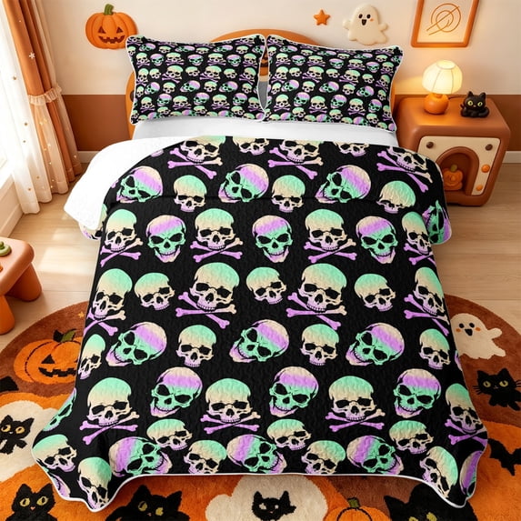 Manfei Cartoon Skull Quilt Full,Classic Halloween Pumpkin Lantern Full Bedspread Sets,3 Pieces,1 Coverlet and 2 Pillowcases