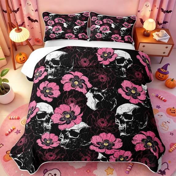 Manfei Cartoon Skull Quilt King,Cute Halloween Pumpkin Face King Coverlet Set,3pcs,1 Bedspread and 2 Pillowcases