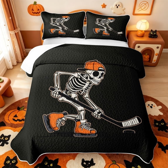 Manfei Cartoon Skull Quilt King,Minimalist Skeleton Halloween King Coverlet Set,3pcs,1 Bedspread and 2 Pillowcases