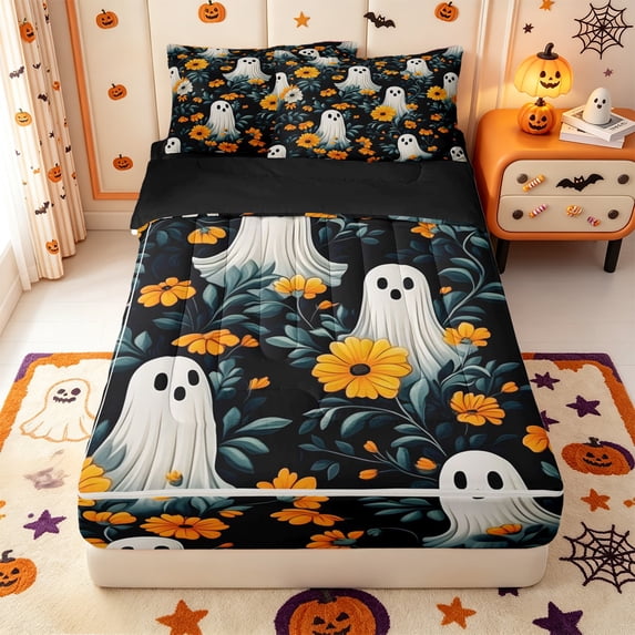 Manfei Cartoon Skull Zipper Twin Comforter Sets with Fitted Sheet and 2 Pillowcases,Fall Turkey Print Halloween Zipper Bedding Set,Black Reversible,4-Piece