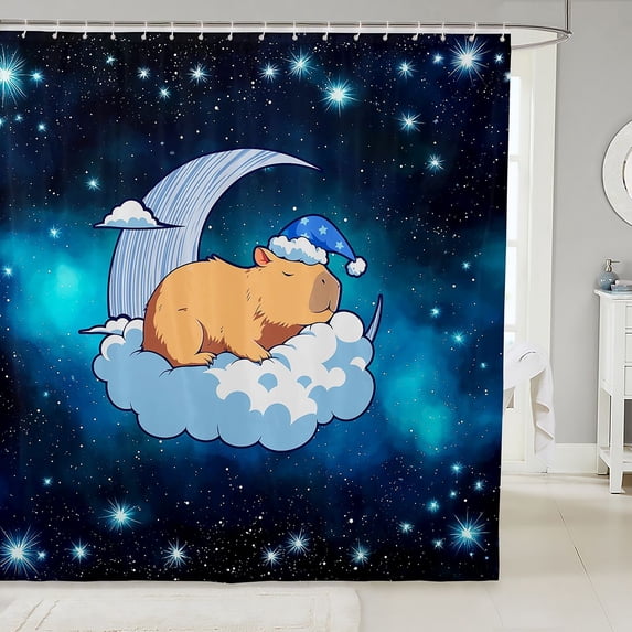 Manfei Cartoon Sleeping Capybara Shower Curtain 72Wx72L, Glitter Stars Print Shower Curtain 72Wx72L, Navy
