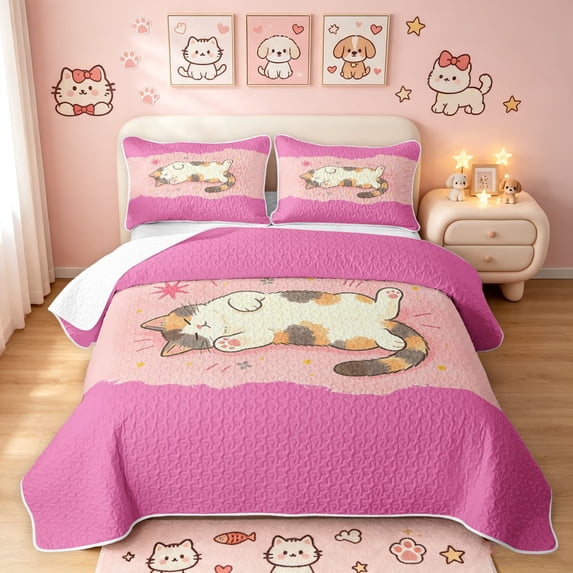 Manfei Cartoon Sleeping Cat Quilt Full, Kitten Pet Full Bedspread Sets, Hot Pink, 3 Pieces, 1 Coverlet and 2 Pillowcases