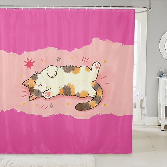 Manfei Cartoon Sleeping Cat Shower Curtain 72Wx72L, Kitten Pet Bathroom Curtain, Hot Pink