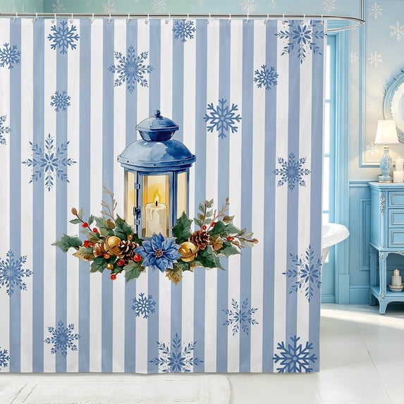 Manfei Cartoon Snowflake Stripes Shower Curtain 72Wx84L,Merry Christmas Bathroom Shower Curtain