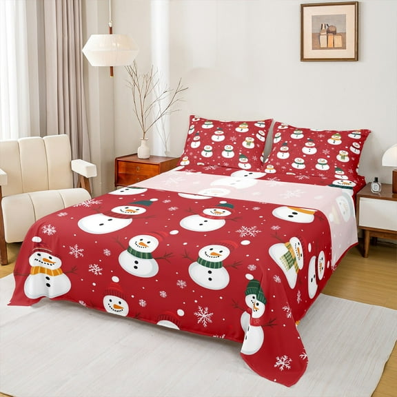Manfei Cartoon Snowman Bed Sheets 4 Pieces for Kids, Kawaii Snowflakes King Sheets, Red Christmas Sheet Set, Ultra Soft Home Decor