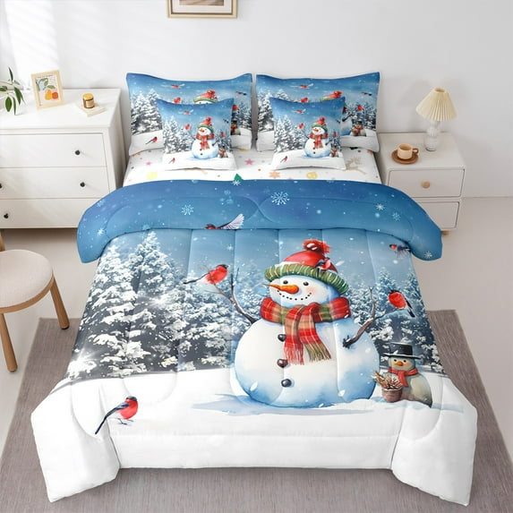 Manfei Cartoon Snowman Bedding Comforter Set 7pcs for Child, Kawaii Red Bird Queen Bedding Sets, Christmas Snowflake Print Reversible Queen Sheet Sets, Super Cozy Room Decor